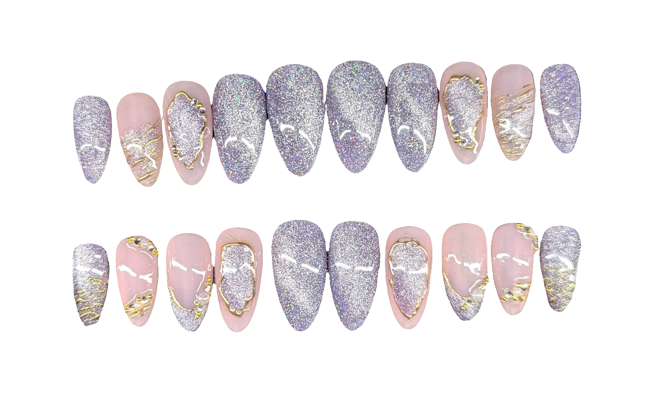 Set of handmade press-on nails in a delicate shimmer finish, featuring a soft, elegant glow with an almond shape design.