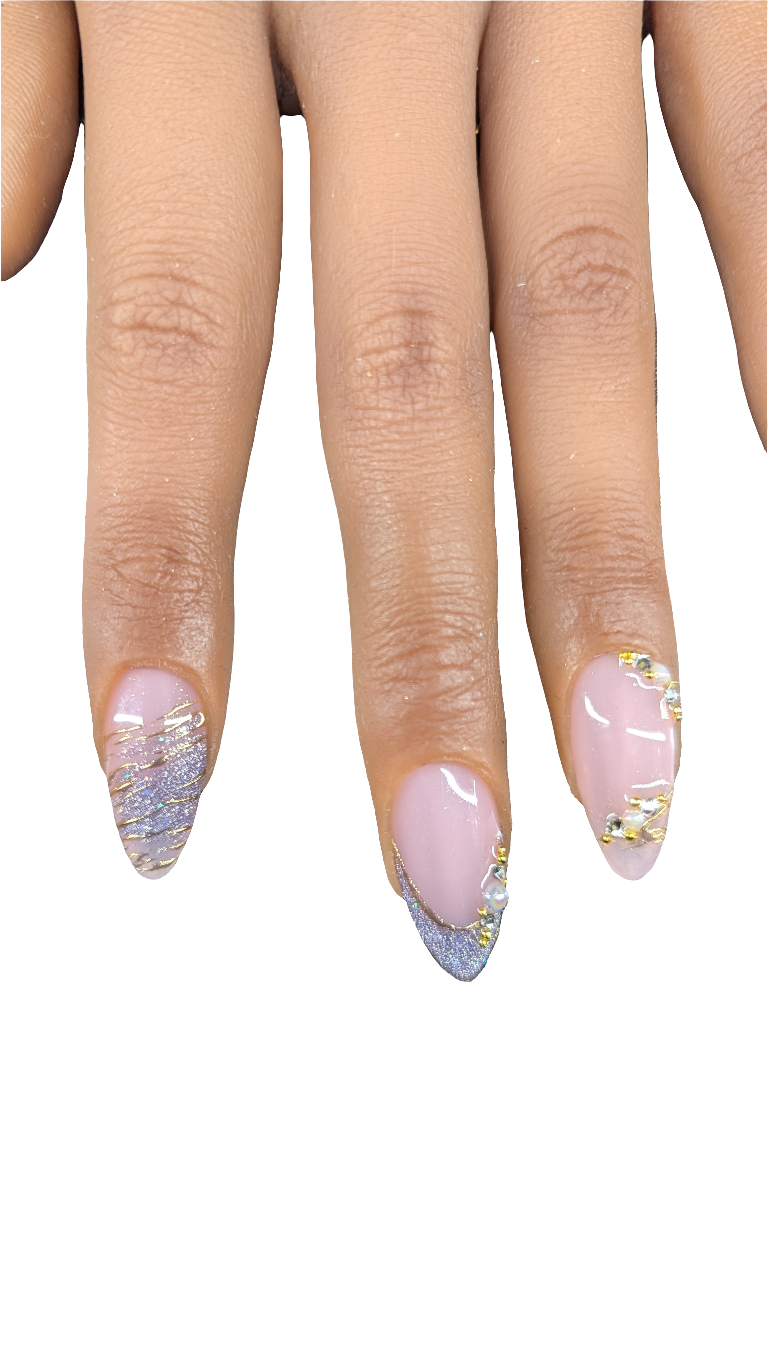 Set of handmade press-on nails in a delicate shimmer finish, featuring a soft, elegant glow with an almond shape design.