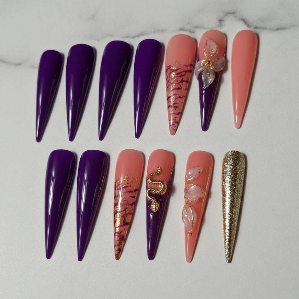 Set of decorative nail art on a plain background