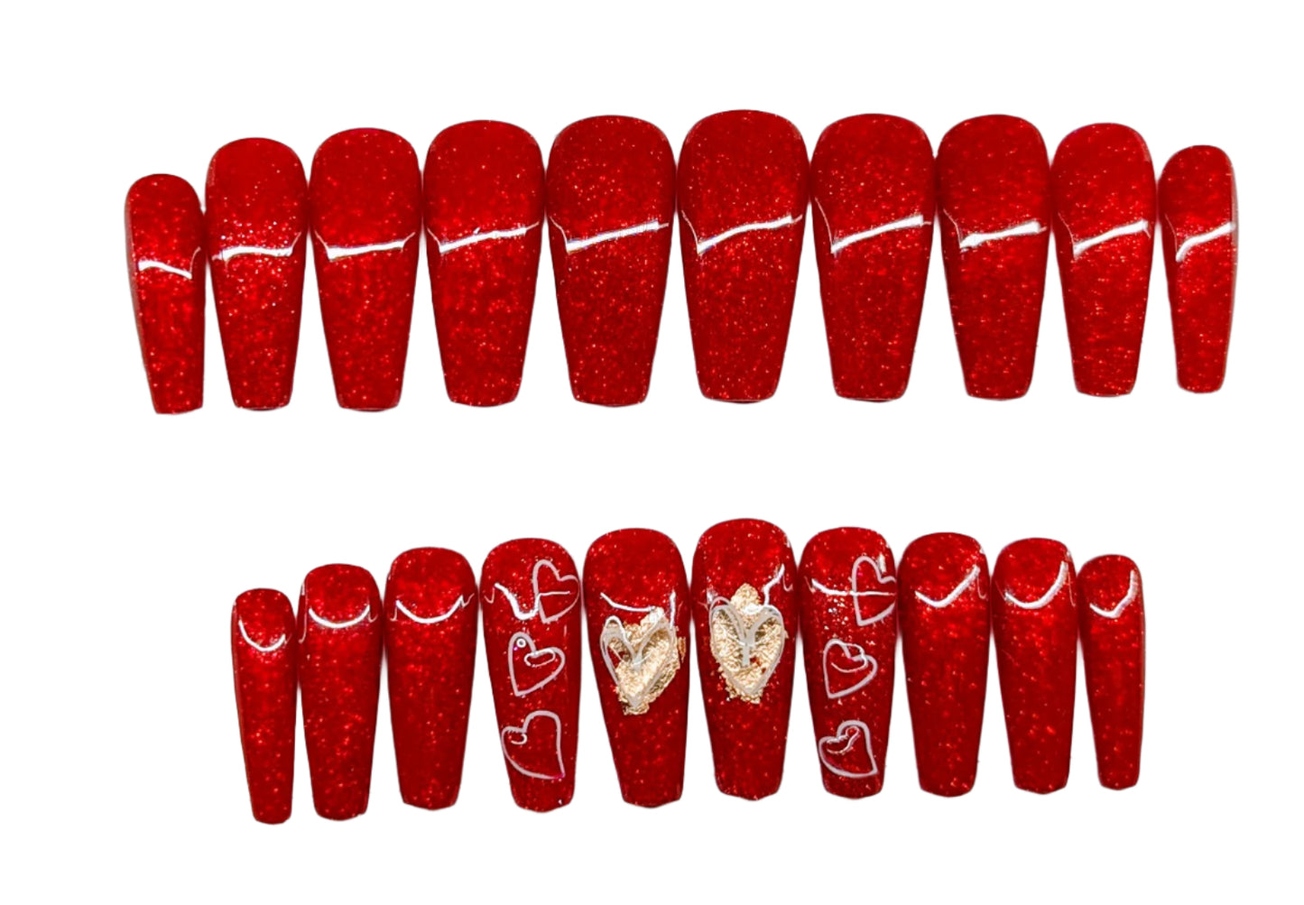 Cherry Hearts Valentine Long Coffin Nails