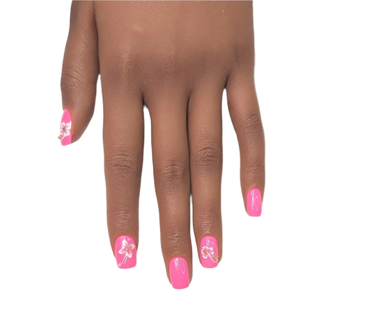 Pink Hibiscus  Short Square Nails