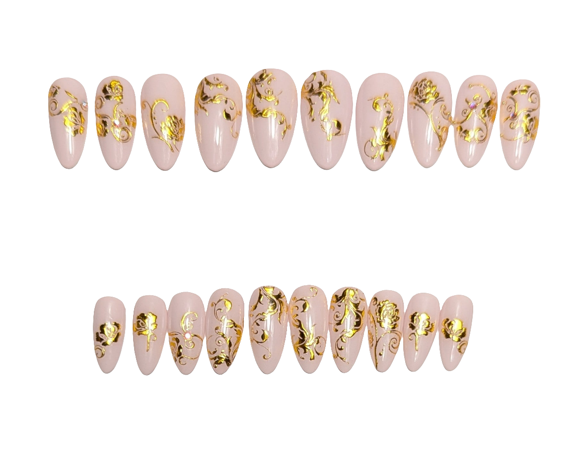 Natural Gold Embroidery Medium Almond Press Ons
