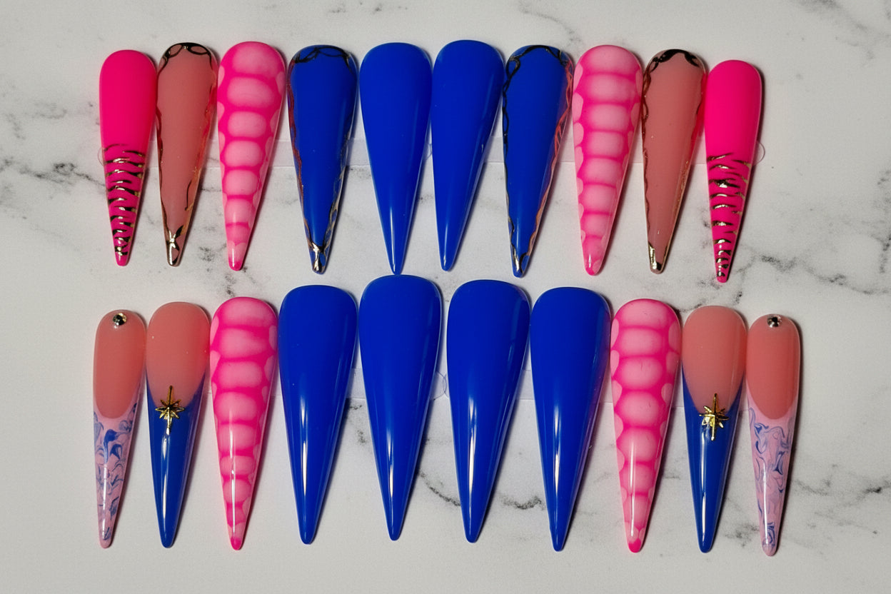 Set of blue and pink nail art designs on a white background