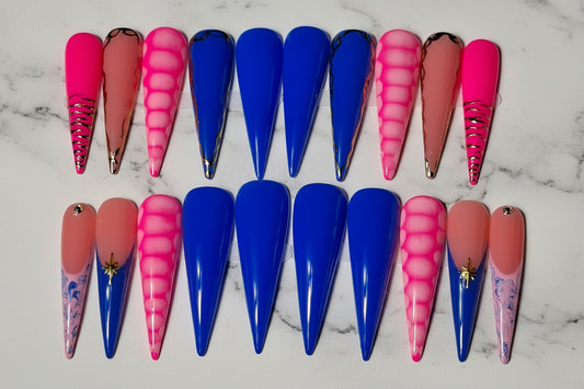 Set of blue and pink nail art designs on a white background