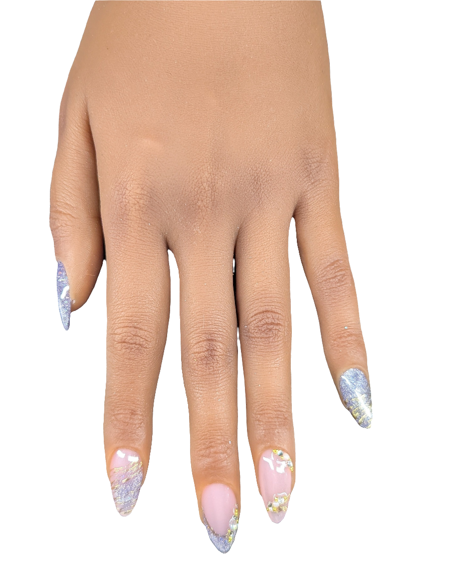 Set of handmade press-on nails in a delicate shimmer finish, featuring a soft, elegant glow with an almond shape design.