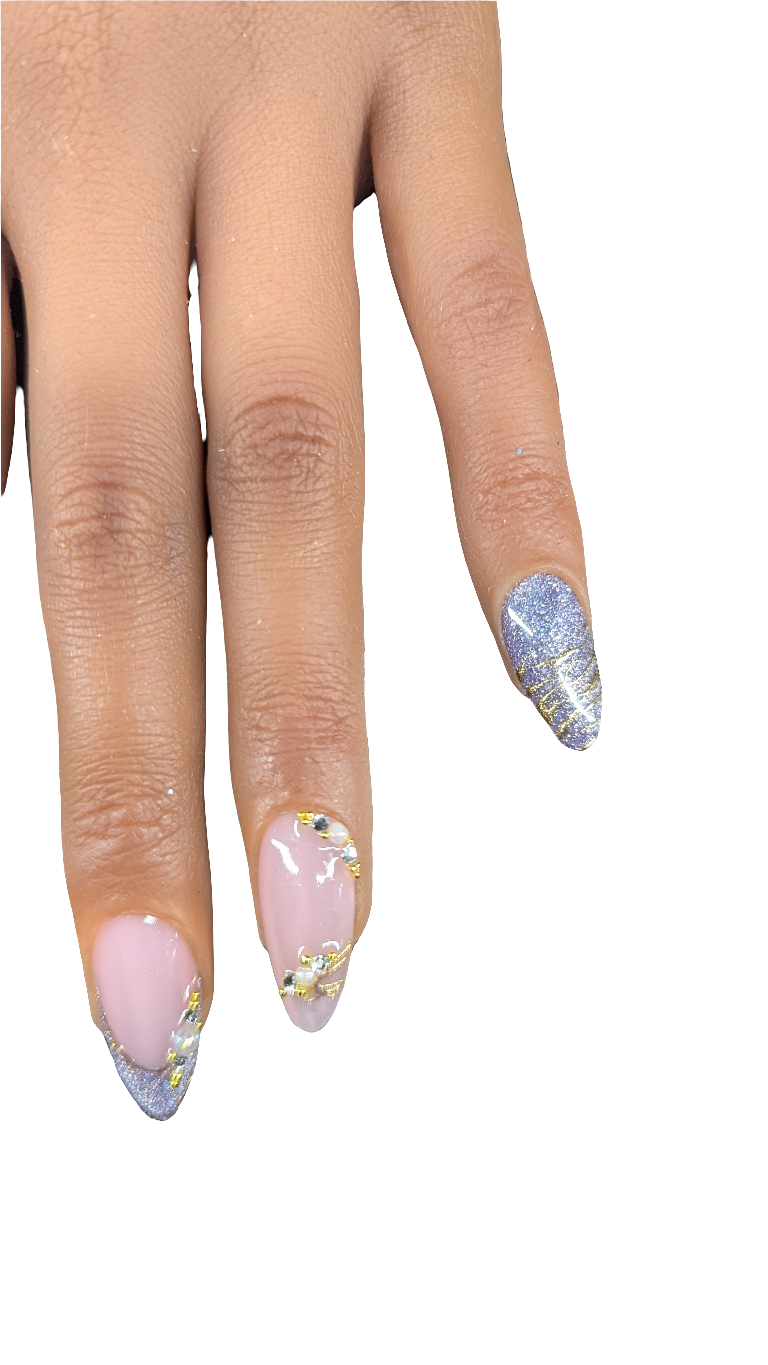 Set of handmade press-on nails in a delicate shimmer finish, featuring a soft, elegant glow with an almond shape design.