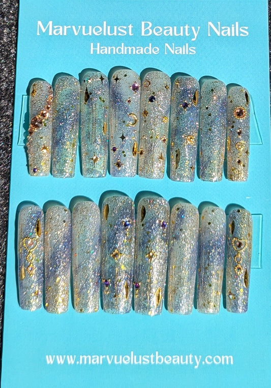 Galaxy Blue XL Square Nails (Pre-made)