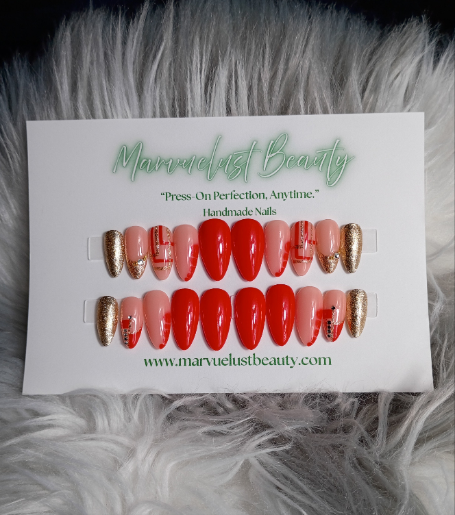 Red & Gold Geo Press on Nails