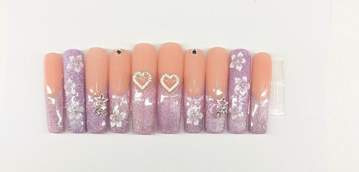 Purple Flower XL Square Nails (Pre-made)