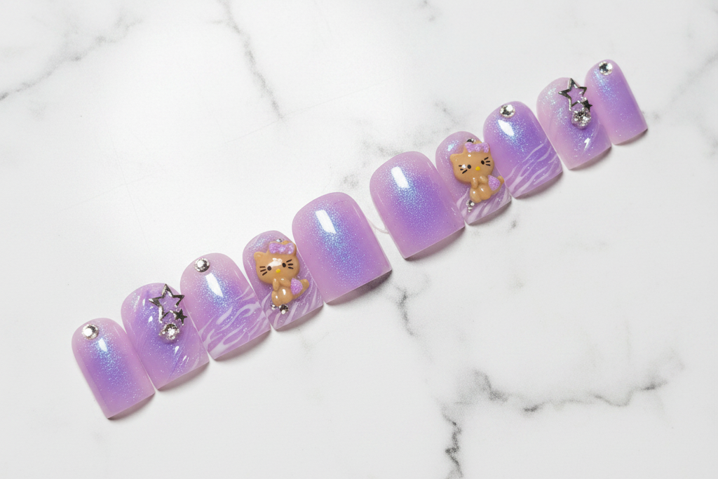 Purple nail art with cat figures and rhinestones on a black background