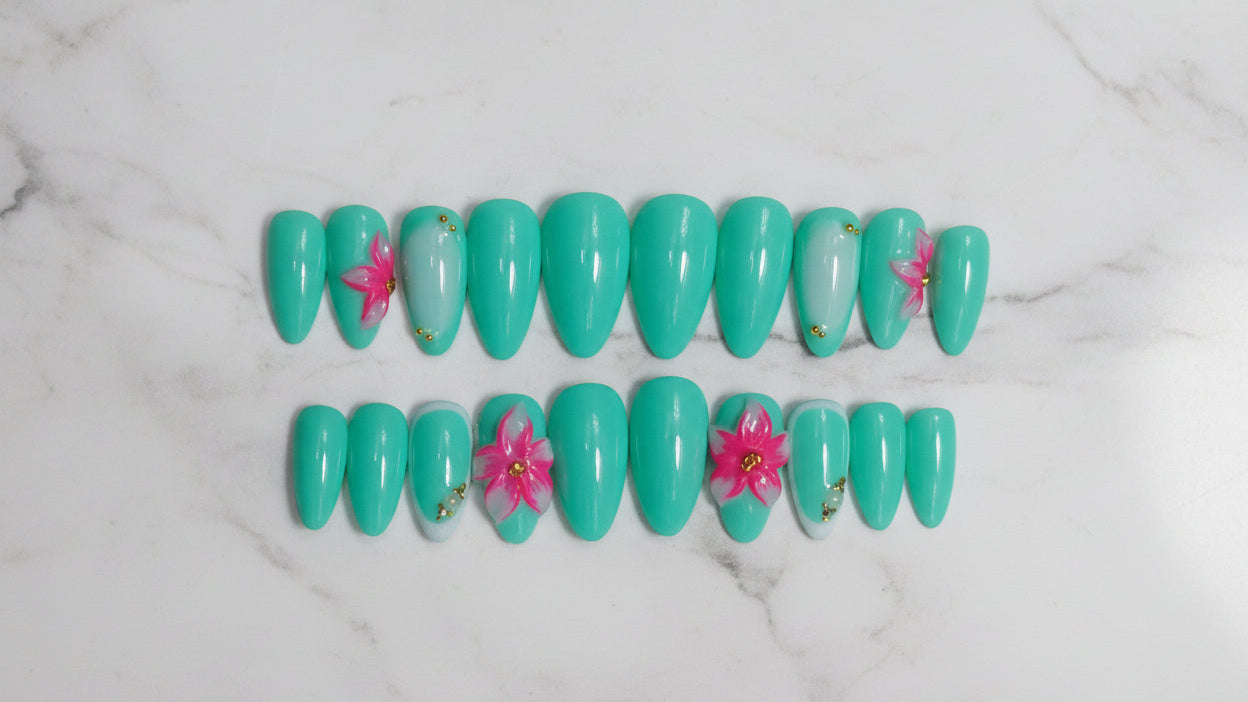 Handmade press on nails, luxury fake nails, teal summer nail art, 3D flower nails, hibiscus nail design, tropical vacation nails, custom gel press ons, reusable glue on nails.
