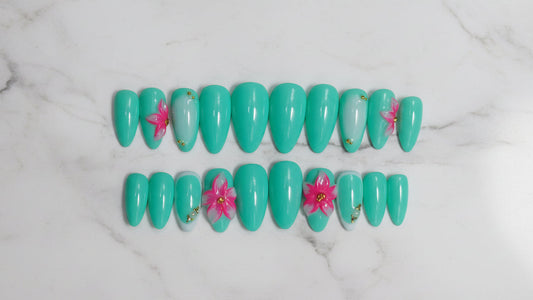 Handmade press on nails, luxury fake nails, teal summer nail art, 3D flower nails, hibiscus nail design, tropical vacation nails, custom gel press ons, reusable glue on nails.