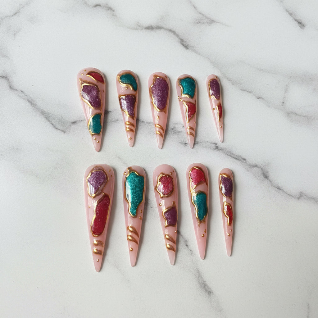 Decorative press on nail art designs  Press on Nails, Luxury Nails, Geode Nail Art, Crystal Press Ons, Long Stiletto Nails, Gold Chrome Nails, Hand Painted Nails, Reusable Gel Nails, Mystical False Nails, Custom Fake Nails, Marbled Nails
