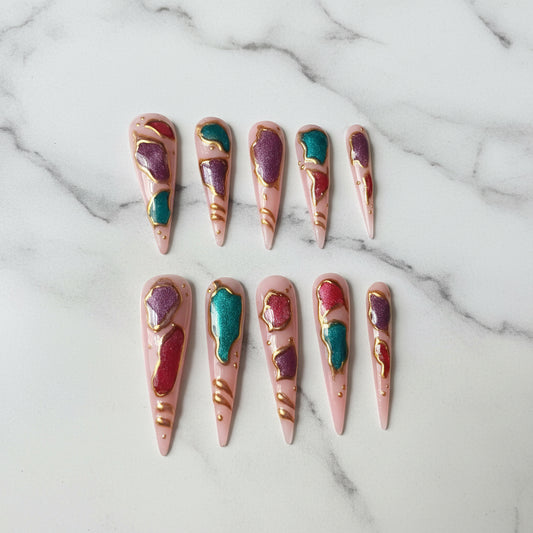 Decorative press on nail art designs  Press on Nails, Luxury Nails, Geode Nail Art, Crystal Press Ons, Long Stiletto Nails, Gold Chrome Nails, Hand Painted Nails, Reusable Gel Nails, Mystical False Nails, Custom Fake Nails, Marbled Nails