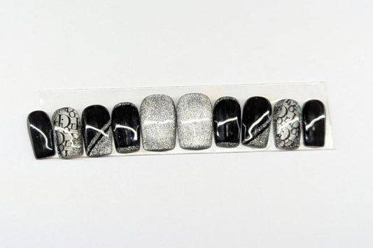 Black Dior Short Square Nails (Pre-made)